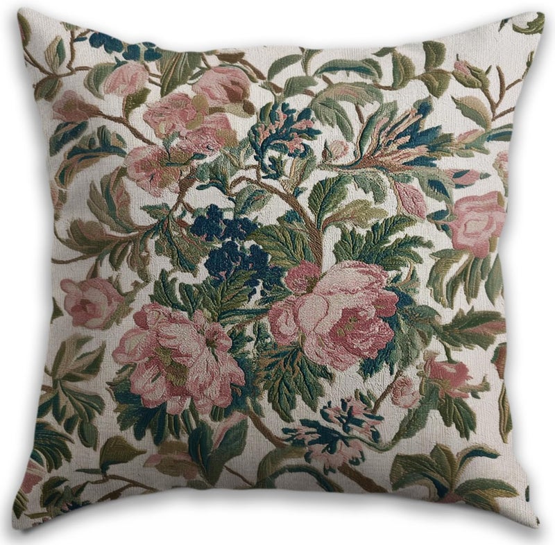 RBAFAO Vintage Floral Throw Pillow Covers, Vintage Flower Pattern Double Sided Cushion Cover, Indoor and Outdoor Home Art Decor Pillowcase for Sofa or Bedroom Decor 18x18inches (Green&Pink, 18x18inches) - Image 1